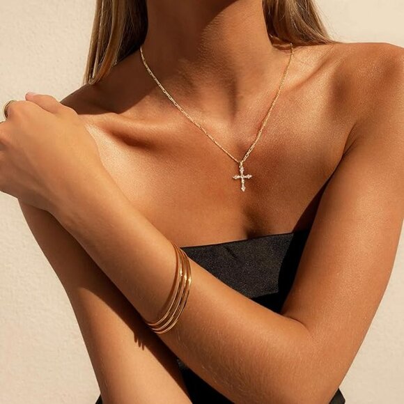 Neiman Marcus Jewelry - Neiman Marcus 14k Gold Plated Figaro Cross Illuminated Necklace